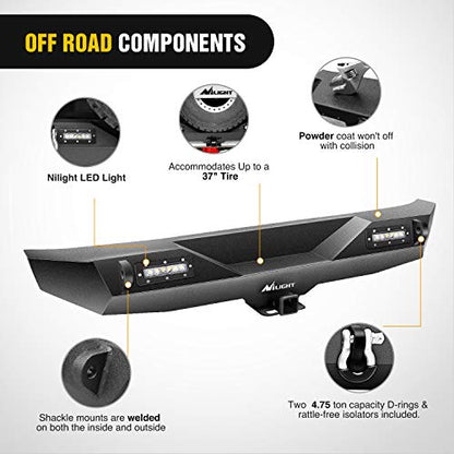 Nilight - JK-52A Rear Bumper Compatible for 2007-2018 Wrangler JK,Rock Crawler Bumper with Hitch Receiver & 2X Upgraded 18W LED Lights Off Road Textured Black - color: Rear Bumper