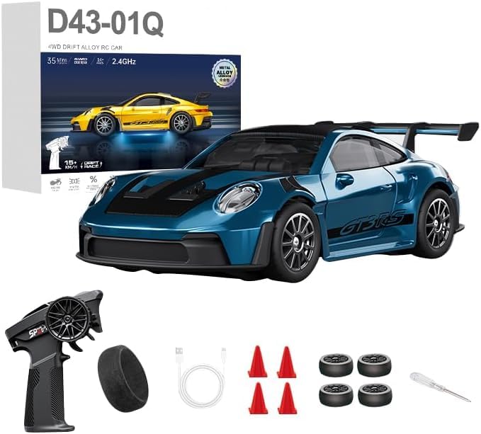 1:43 RC Drift Car 20KM/H with Gyro, 2.4G 4WD Full Proportional Alloy Sport Racing Car, Adjustable Speed, LED Lighting for Teens & Adults-D43-01 - color: Q4/Dark Blue