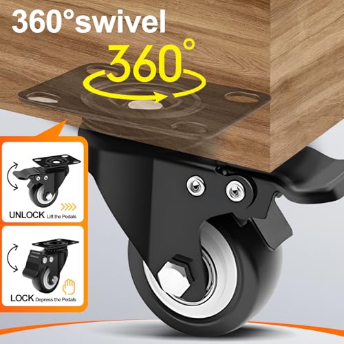 2 Inch Plate Caster Set of 4, PU Swivel Wheel with Dual Brakes - Black | Smooth 360° rotation,dual locking brake,silent PU wheels - color: Black, size: 2 IN