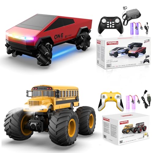 1/28 Gesture Sensing RC Stunt Car for 6-12+ Boys Girls, Seven Light Modes Cool RC Cars & 1/18 Remote Control School Bus Toy for Kids, 2.4GHz All Terrain RC Car with LED Lights & Sound