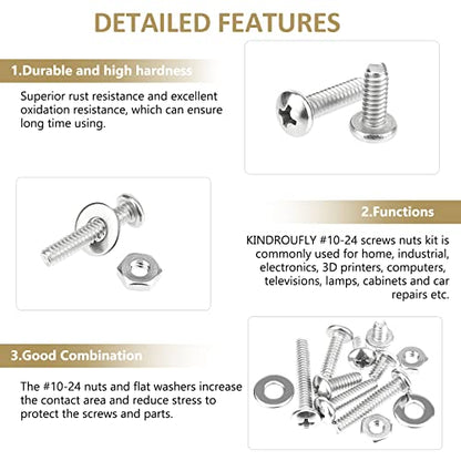 142 Pieces #10-24x 1/4", 5/16", 3/8", 1/2", 5/8", 3/4", 1", 1-1/4", Phillips Pan Head Machine Screws Nuts Washers Assortment Kit, 304 Stainless Steel, Fully Machine Thread - size: #10-24