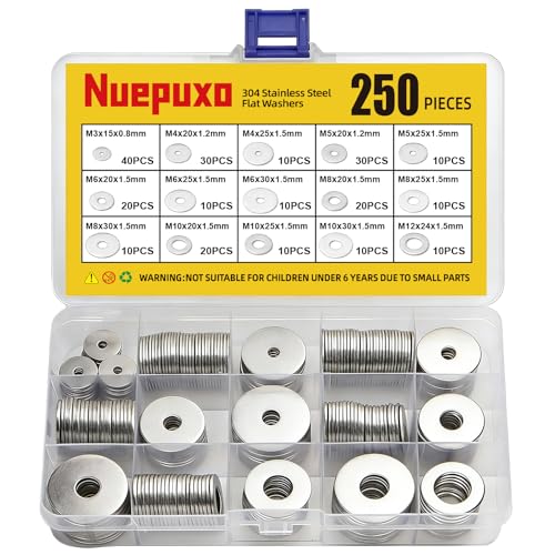 250PCS Flat Washers Assortment Kit, 304 Stainless Steel Washers | Fender Washers, 15 Sizes (M3 M4 M5 M6 M8 M10 M12) Metric Metal Washers for Screws and Bolts, Automotive Industrial Home Use - style: 250PCS (Metric)