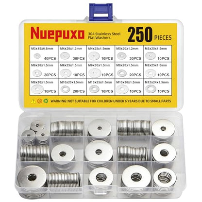 250PCS Flat Washers Assortment Kit, 304 Stainless Steel Washers | Fender Washers, 15 Sizes (M3 M4 M5 M6 M8 M10 M12) Metric Metal Washers for Screws and Bolts, Automotive Industrial Home Use - style: 250PCS (Metric)