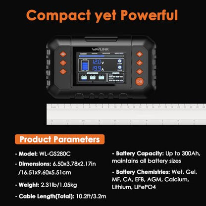 WAVLINK 280W Smart Battery Charger, 20A 6V/12V/24V Car Battery Charger | LCD Display Trickle Charger; Compatible with Lead-Acid/Lithium/LiFePO4; Battery Maintainer & Desulfurizer for Cars, Boats - color: 20-amp