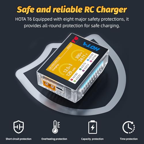 HOTA T6 RC 1S 2S 3S 4S 5S 6S Lipo Battery Charger RC Smart Battery Charger | 300W XT60, PD Dual Input, 15A, Compact RC Car Charger, Support PD3.0, QC Fast Charging Protocols, Muti-Language