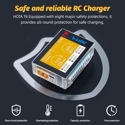 HOTA T6 RC 1S 2S 3S 4S 5S 6S Lipo Battery Charger RC Smart Battery Charger | 300W XT60, PD Dual Input, 15A, Compact RC Car Charger, Support PD3.0, QC Fast Charging Protocols, Muti-Language