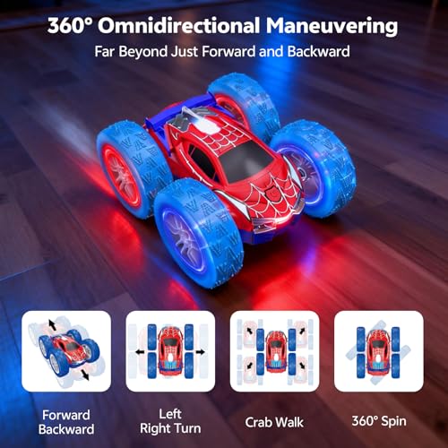 RC Cars Spider Toys for Kids 4-12, 4WD Remote Control Car Spider Toy Gift, Double Sided Stunt Car With LED Lights 2.4GHz 360° Flip & Spin/Rotation, 60 Mins Playtime, Gift for Kids, Boys, Beginners