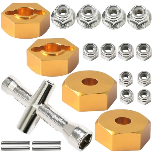 Aluminum 12mm Hex Wheel Hub with Flange M4 Nylon Lock Nut Cross Hex Wrench & M3 M4 Nylon Locknut for Traxxas Slash, Stampede Hsp Redcat Rc4wd Tamiya Axial SCX10 WLtoy 1/10 RC Car Truck Crawler Buggy - color: Gold