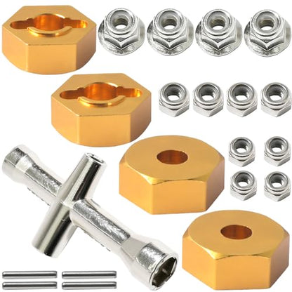 Aluminum 12mm Hex Wheel Hub with Flange M4 Nylon Lock Nut Cross Hex Wrench & M3 M4 Nylon Locknut for Traxxas Slash, Stampede Hsp Redcat Rc4wd Tamiya Axial SCX10 WLtoy 1/10 RC Car Truck Crawler Buggy - color: Gold