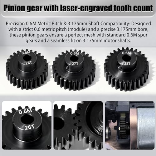 3Pcs 0.6M Hardened Steel Pinion Gear Set 3.175mm 26T 27T 28T Motor Pinion Gear with M4 Screw and Hex Key, Fit 3.175mm (1/8-Inch) Shaft, for Arrma HPI Kyosho Losi Axial Traxxas Tamiya 1/10 RC C - size: 0.6M-P-3.175mm-26-28T