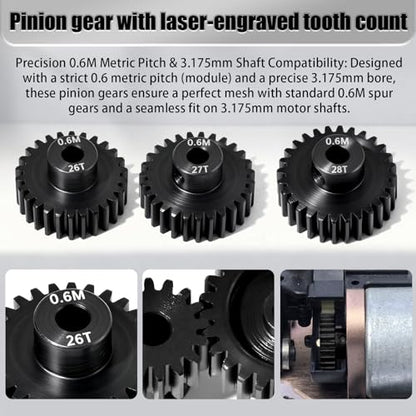 3Pcs 0.6M Hardened Steel Pinion Gear Set 3.175mm 26T 27T 28T Motor Pinion Gear with M4 Screw and Hex Key, Fit 3.175mm (1/8-Inch) Shaft, for Arrma HPI Kyosho Losi Axial Traxxas Tamiya 1/10 RC C - size: 0.6M-P-3.175mm-26-28T