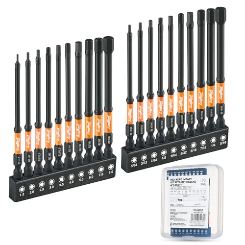 toolant Impact Hex Bit Set, Metric & SAE, 20-Piece | CNC-machined tips, S2 alloy steel body, hardened core, magnetic fastener retention, impact-driver use - size: Metric&SAE(20pcs)