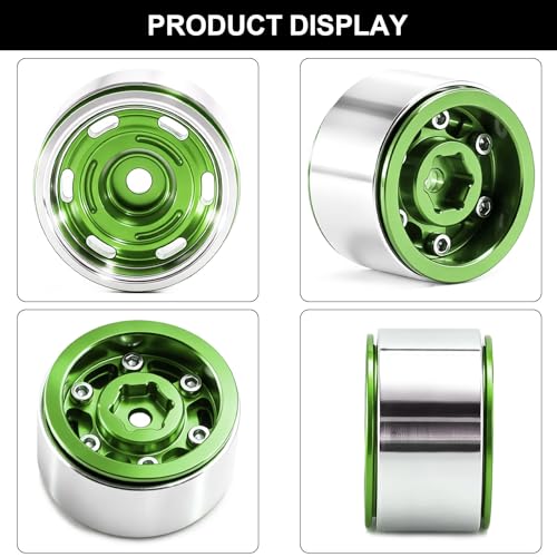 1.0" Beadlock Aluminum Wheels and 64mm Soft Rubber Tires | for SCX24, TRX4M, Ascent 18, FCX24, 1/18 1/24 RC Crawler, 7mm Hex, 0mm Offset, with Foam Inserts, (Green 356) - color: Green 356