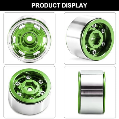 1.0" Beadlock Aluminum Wheels and 64mm Soft Rubber Tires | for SCX24, TRX4M, Ascent 18, FCX24, 1/18 1/24 RC Crawler, 7mm Hex, 0mm Offset, with Foam Inserts, (Green 356) - color: Green 356
