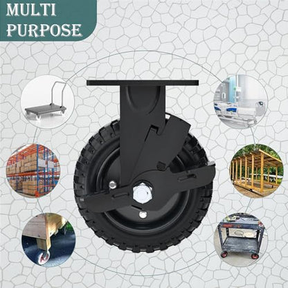 8 Inch Rigid Heavy Duty Caster Wheel with Brake, Set of 2 | All-Terrain, Alloy Bracket, 1100 Lbs Capacity, Solid Rubber Tires, Flat Free, for Carts, Workbench, Warehouse, DIY Tools - size: 8 Inch