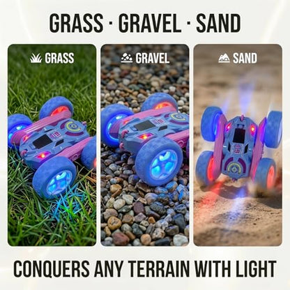 2.4GHz RC Stunt Car with LED Wheels 4WD Double Sided | Glowing LED Tires, 360° Spin & Rollover, 60 Min Total Play with 2 Batteries, USB-C Fast Charging, Gift for Holidays - color: Blue - Led Wheels
