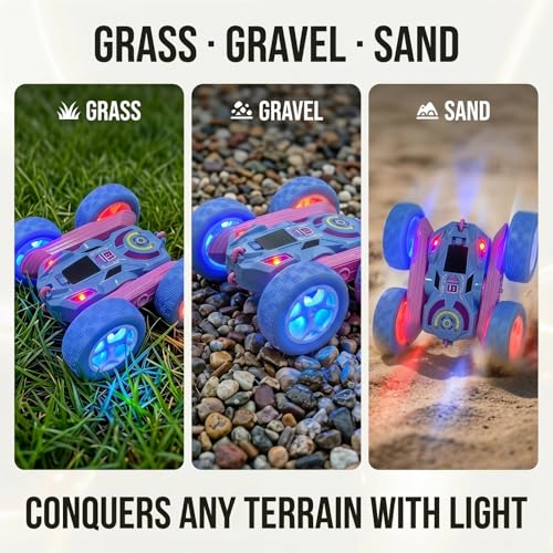 2.4GHz RC Stunt Car with LED Wheels 4WD Double Sided | Glowing LED Tires, 360° Spin & Rollover, 60 Min Total Play with 2 Batteries, USB-C Fast Charging, Gift for Holidays - color: Blue - Led Wheels