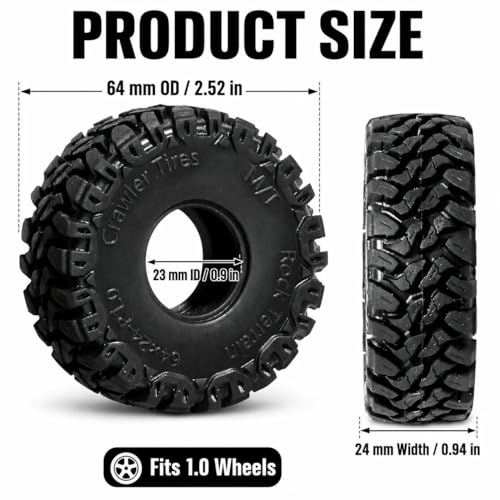 1.0 RC Crawler Tires 64x24mm, 4PCS Soft Sticky Rubber Tires with Foam Inserts for 1/24 1/18 Mini Crawlers, Fits Axial SCX24, Traxxas TRX-4M, FMS FCX24 FCX18, Rock Mud Trail Tire Set