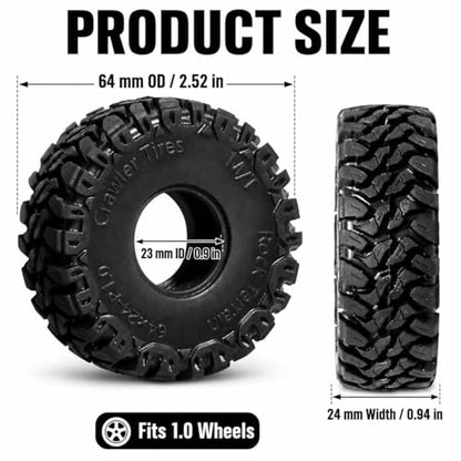 1.0 RC Crawler Tires 64x24mm, 4PCS Soft Sticky Rubber Tires with Foam Inserts for 1/24 1/18 Mini Crawlers, Fits Axial SCX24, Traxxas TRX-4M, FMS FCX24 FCX18, Rock Mud Trail Tire Set