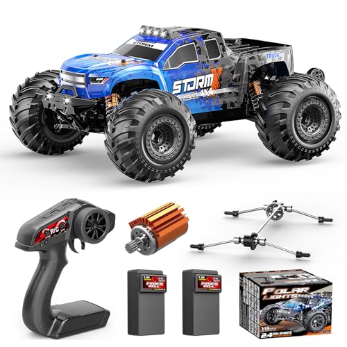 RC Cars 1:14 All Terrain Off-Road RC Truck, 4WD Fast Remote Control Car 40 KM/H, 4X4 Waterproof Monster Truck with 2×1300mAh Batteries, Metal Shocks, 6 LED Headlights, RTR RC Vehicle