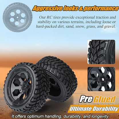 12mm Hex RC Wheels and Tires for Hyper Go H16BM H14BM Tires and Wheels 1/14 1/16 with Foam Inserts for Traxxas Wltoys 144001 etc 1/18 RC Car Street Tires Wheels Preglued