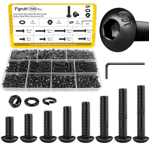 1080PCS M3 Screws Assortment Kit, M3x6/8/10/12/16/20/25/30 mm Hex Button Head Screw, Nuts & Washers Assorted Set - 10.9 Alloy Steel Black Zinc Plated Bolts for 3D Printer, DIY - size: M3 1080pcs