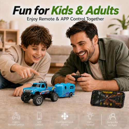 1:64 Scale Mini Remote Control Monster Truck with Trailer | 2.4GHz & App Dual Control, Alloy Mini RC Car with LED Lights, Portable Pocket Toy Car for Kids & Adults, Gift for Boys (Blue) - color: Blue
