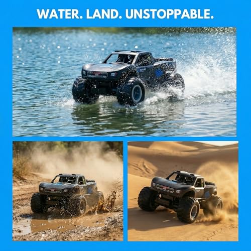KB KAIBO 1:16 Amphibious Remote Control Car, Fully Submersible Remote Control Monster Truck for Kids, All Terrain 4WD RC Toy with 2 Batteries (60+ Min), 7.4V High Power, Durable Truck for Boys-Blue - color: Blue
