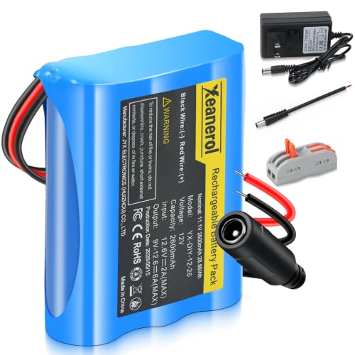 11.1V- 12V 2600mAh Rechargeable Li-ion Battery Pack with Charger, Bare Leads Wire Replacement Lithium Battery Compatible with 12 Volt Devices RC Car, Boat, Robot, DIY, LED Light Strip, CCTV Camera