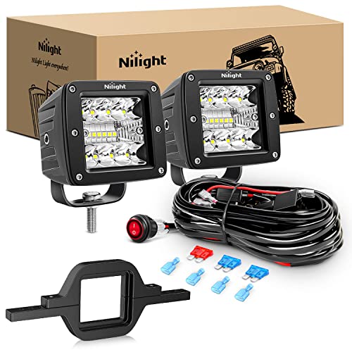 Nilight 2Pcs 3 Inch Led Pods Cubes 2 Inch Tow Hitch Mounting Brackets LED Backup Reverse Lights Rear Search Light Bar Wiring Harness Kit -2 Leads for SUV Truck Trailer