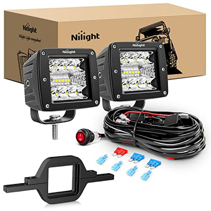 Nilight 2Pcs 3 Inch Led Pods Cubes 2 Inch Tow Hitch Mounting Brackets LED Backup Reverse Lights Rear Search Light Bar Wiring Harness Kit -2 Leads for SUV Truck Trailer