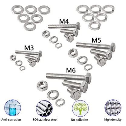 newlng M3 M4 M5 M6 Bolts and Nuts Flat and Lock Washers Assortment Kit 520 PCS Metric 304 Stainless Steel Hex Head Cap Screws Bolts and Nuts Assortment Set Fasteners Bolts Kit with Combination Box - size: F-M3456