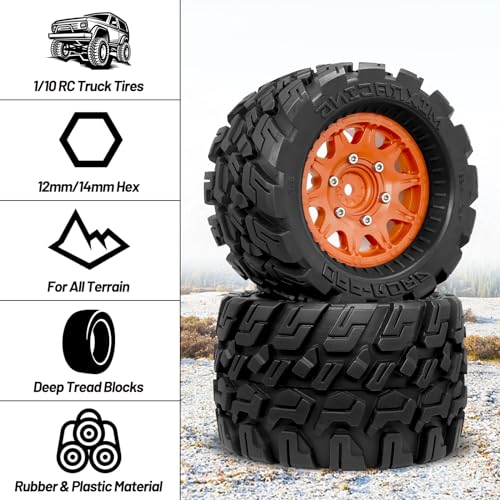 OGRC Wheels and Tires 12mm/14mm Hex RC Truck Tires with Foam Inserts for 1/10 Scale Arrma Granite Axial Losi Redcat Rc4wd RC Monster Truck Buggy (Orange)