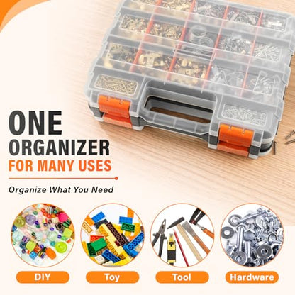 DIYSELF Screw Organizer, Double-Sided 34-Compartment Small Parts Organizer | Hardware Organizers with Adjustable Space, Clear-Lid Compartment Storage Box for Hardware, Crafts, Beads, Nuts and Bolts - size: 1 Pack