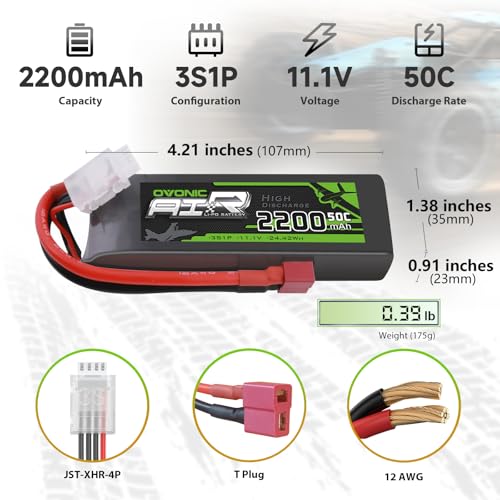OVONIC 3S Lipo Battery 50C 2200mAh 11.1V Lipo Battery with Dean-Style T Connector for RC Airplane Quadcopter Helicopter FPV Drone - size: 2pcs