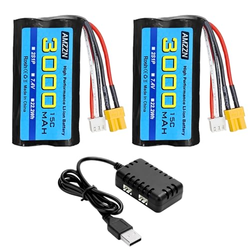 2PCS 7.4V 3000mAh 15C 2S XT-30 Plug Li-ion Battery with 2-in-1 Charger for RC High-Speed Cars, Trucks RC Ship Model Car and Huina Engineering Vehicle Batteries