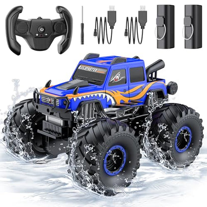 WayEee Amphibious Remote Control Car All Terrain RC Monster Truck Toys/Blue | waterproof 4X4 monster truck off-road vehicles 2.4GHz remote control 1/18 Scale rc car toy for kids 6+ boys girls gifts - color: Blue
