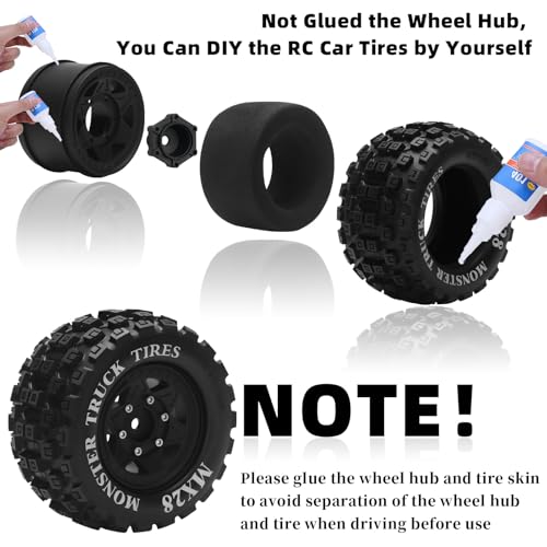 MX28 F/R 2.8" RC Car Tires with 12mm/14mm Hex Adapter RC Wheels and Tires Set 1/10 Scale RC Truck Tires for Arrma Big Rock Granite Traxxas Rustler Stampede VORTEKS 3S 4PCS (Style B) - Black - color: Black