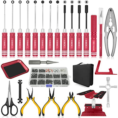 OGRC Tool Kit - Screwdriver Set, RC Repair Tools 1/8 1/10 RC Tools - 26pcs | RC Car Boat Helicopter Tools, Include Screwdriver (Flat, Phillips, Hex), Work Stand, Screw, Pliers, Body Reamer, Wrench, Tray - color: Red