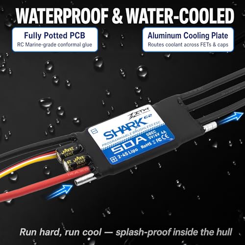 ZTW Shark G2 50A ESC 2-4S Built-in Swithcing BEC 5V/6V 4A Water-Cooling Bidirectional Waterproof Brushless Speed Controller for RC Boat Marine - size: 50A