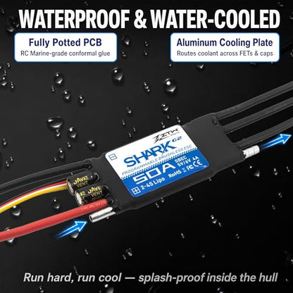 ZTW Shark G2 50A ESC 2-4S Built-in Swithcing BEC 5V/6V 4A Water-Cooling Bidirectional Waterproof Brushless Speed Controller for RC Boat Marine - size: 50A