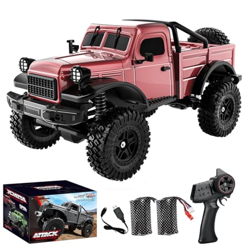 1/18 Scale RC Pickup Truck for Adult, 2.4GHz 4WD Off-Road Remote Control Drift Car, RC Rock Crawler with LED Lights, 12km/h High Speed & Waterproof ESC - color: Red, size: 2 Battery