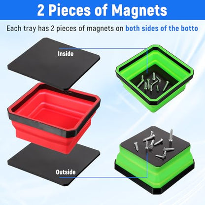 4 Pcs Foldable Magnetic Parts Tray, 4.25 Inch Square Foldable Silicone Tool Organizer with Dual-Sided Magnetic Base, for Screws, Bolts, Nuts, and Small Metal Parts Storage In 4 Colors