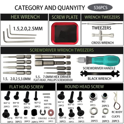 RC Car Repair Work Stand Repair Tool Set 360 Degree Rotation and 523PCS RC Screws Kit & RC Screwdrivers and Screws Pallet for 1/8 1/10 1/12 1/16 1/18 RC Crawler Truck Buggy Vehicle Scale Accessories