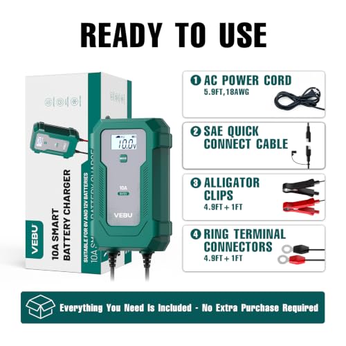 10A 6V/12V Smart Battery Charger- Automatic Maintainer, Trickle Charger & Desulfator with Overcharge Protection, Plug & Play Design for Lead-Acid & LiFePO4 Batteries - size: 10 A