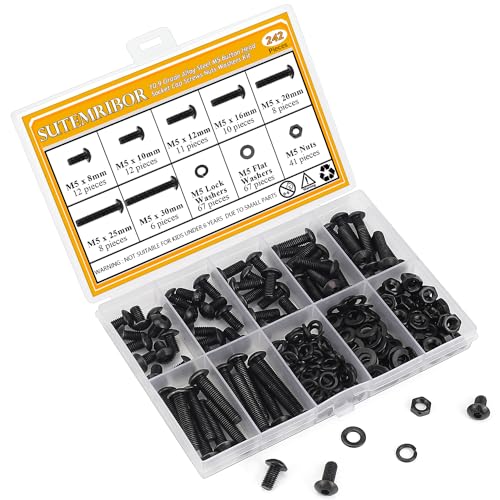 242 Pieces M5 Screws Nuts Washers Set Black, Sutemribor M5 x 8/10/12/16/20/25/30mm Button Head Socket Cap Screws Nuts Washers Assortment Kit, 10.9 Grade Alloy Steel, Fully Threaded - size: M5 x 8-30mm, style: Button Head