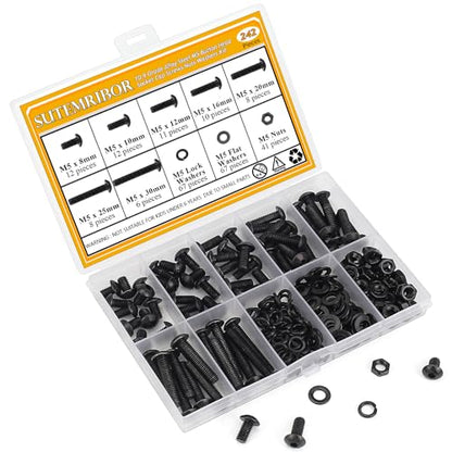 242 Pieces M5 Screws Nuts Washers Set Black, Sutemribor M5 x 8/10/12/16/20/25/30mm Button Head Socket Cap Screws Nuts Washers Assortment Kit, 10.9 Grade Alloy Steel, Fully Threaded - size: M5 x 8-30mm, style: Button Head