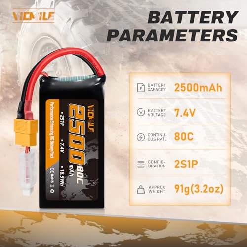 2S Lipo Battery 2500mAh 7.4V 80C High Discharge Rate Shorty Pack RC Batteries with XT60 Plug Fit for RC Airplane FPV Quadcopter Helicopter Drone Racing RC Hobby Model with 1TO2 Charger - style: XT60