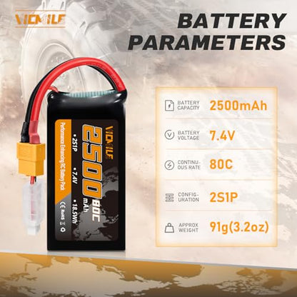 2S Lipo Battery 2500mAh 7.4V 80C High Discharge Rate Shorty Pack RC Batteries with XT60 Plug Fit for RC Airplane FPV Quadcopter Helicopter Drone Racing RC Hobby Model with 1TO2 Charger - style: XT60