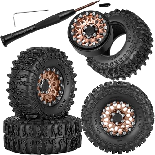 1.3" Beadlock Wheels Tires Set Aluminum Alloy w/Metal Steel Ring for TRX4M SCX24 FCX24 Ascent-18 1/18 1/24 RC Crawler Upgrade Parts,RCarmubWow 1.3 Beadlock Wheels and Tires,4pcs,Brown - color: Brown(4pcs)